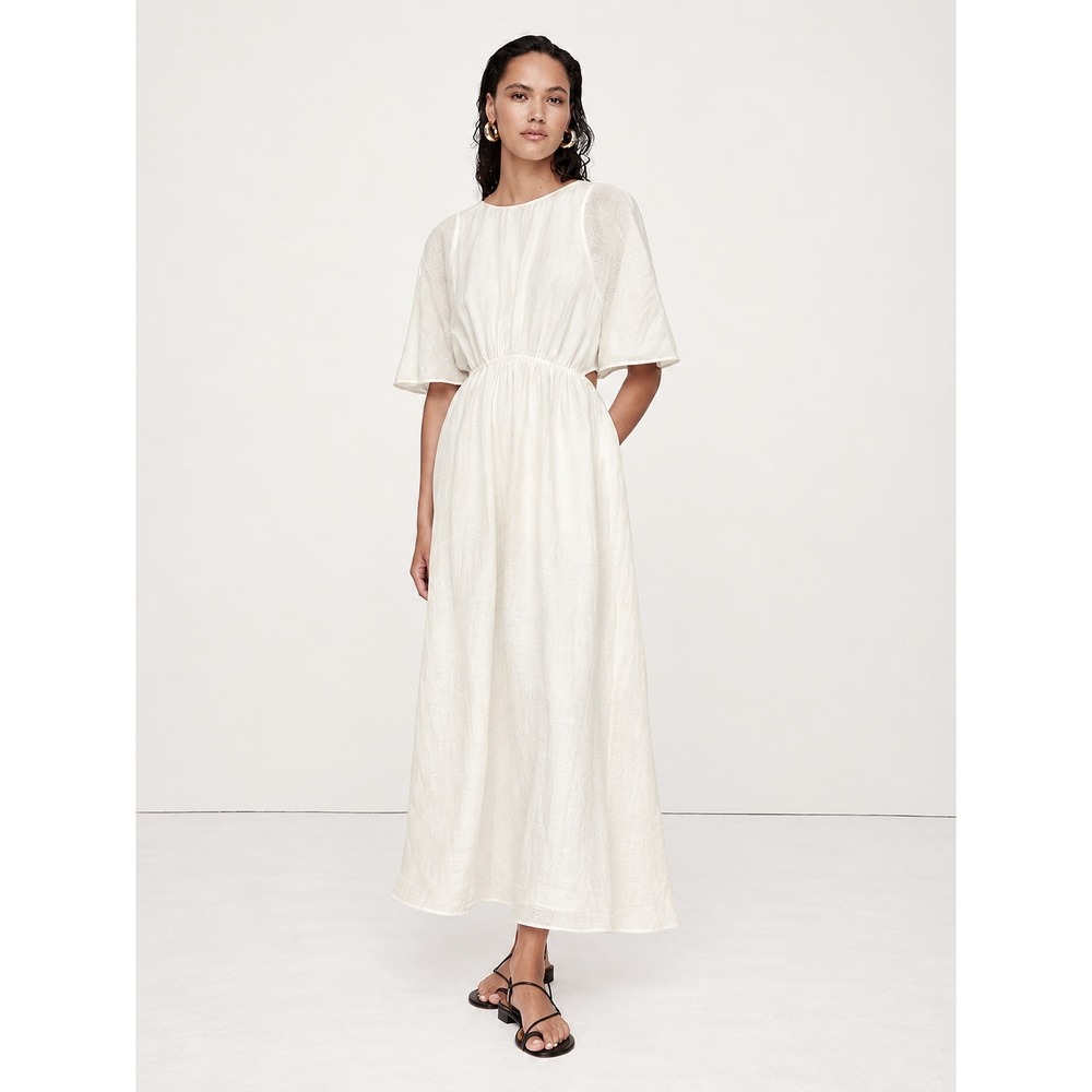 Banana Republic Linen Silk Cutout Maxi Dress Cream Textured Short Sleeve L